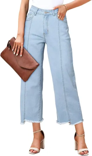 Sidefeel Women's Jeans High Waisted Wide Leg Loose Fit Straight Leg Zimbaplatinum Cropped Denim Pants