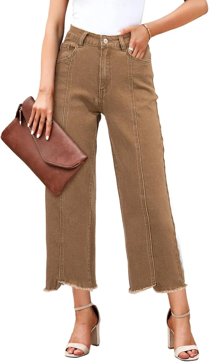 Sidefeel Women's Jeans High Waisted Wide Leg Loose Fit Straight Leg Zimbaplatinum Cropped Denim Pants