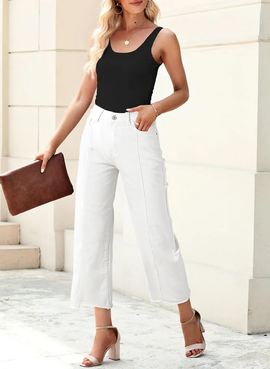 Sidefeel Women's Jeans High Waisted Wide Leg Loose Fit Straight Leg Zimbaplatinum Cropped Denim Pants