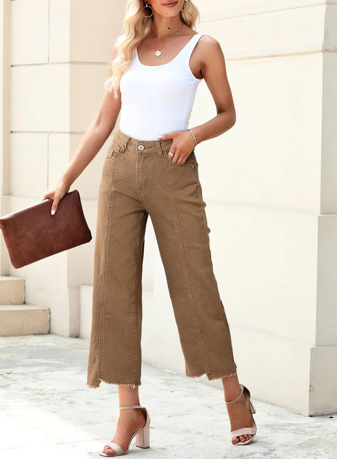 Sidefeel Women's Jeans High Waisted Wide Leg Loose Fit Straight Leg Zimbaplatinum Cropped Denim Pants