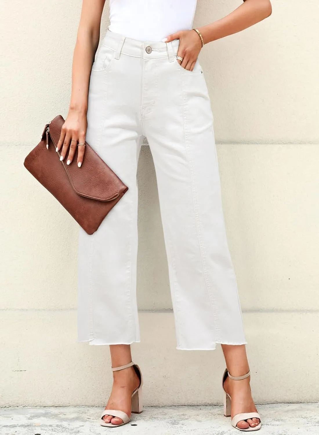 Sidefeel Women's Jeans High Waisted Wide Leg Loose Fit Straight Leg Zimbaplatinum Cropped Denim Pants