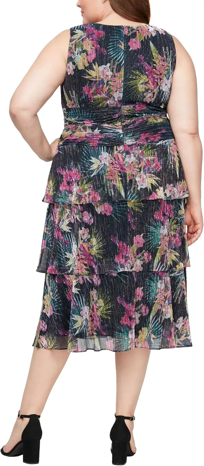 S.L. Fashions Women's Plus Size Midi Sleeveless Printed Dress with Ruched Waist and Tiered Skirt