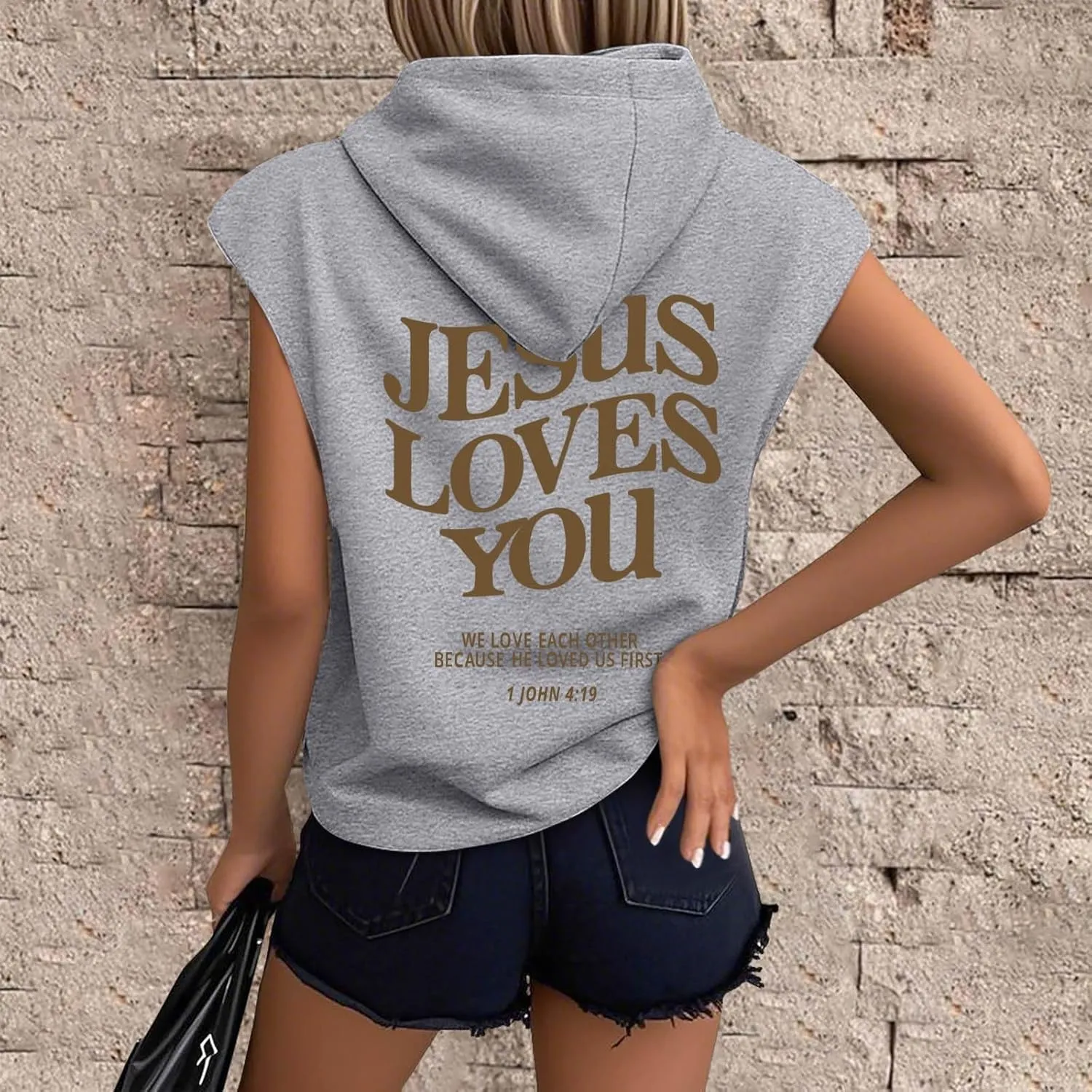 Sleeveless Hoodies for Women Jesus Loves You Workot Tank Tops Oversized Summer Lightweight Drawstring Hooded Vest with Pocket
