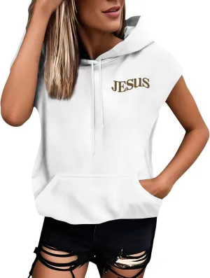 Sleeveless Hoodies for Women Jesus Loves You Workot Tank Tops Oversized Summer Lightweight Drawstring Hooded Vest with Pocket
