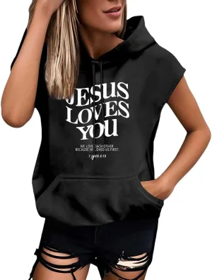 Sleeveless Hoodies for Women Jesus Loves You Workot Tank Tops Oversized Summer Lightweight Drawstring Hooded Vest with Pocket