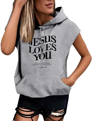 Sleeveless Hoodies for Women Jesus Loves You Workot Tank Tops Oversized Summer Lightweight Drawstring Hooded Vest with Pocket
