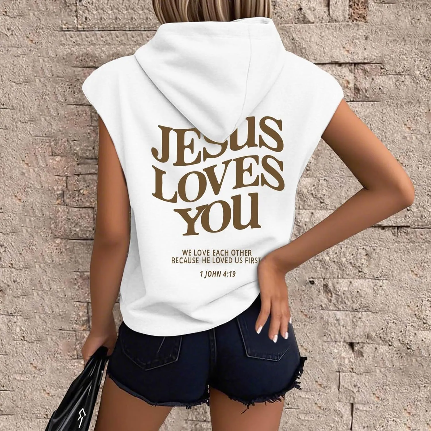 Sleeveless Hoodies for Women Jesus Loves You Workot Tank Tops Oversized Summer Lightweight Drawstring Hooded Vest with Pocket