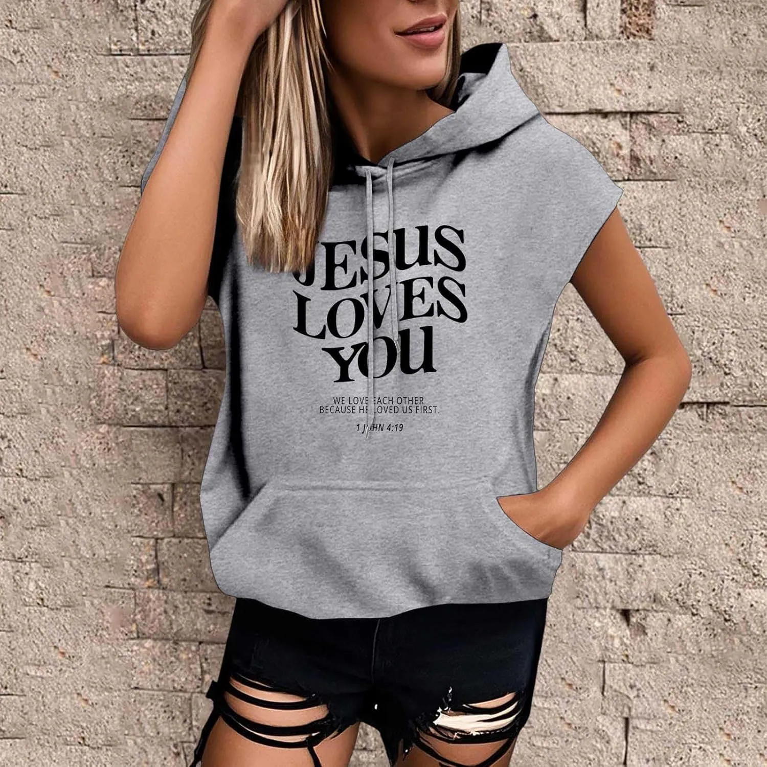 Sleeveless Hoodies for Women Jesus Loves You Workot Tank Tops Oversized Summer Lightweight Drawstring Hooded Vest with Pocket
