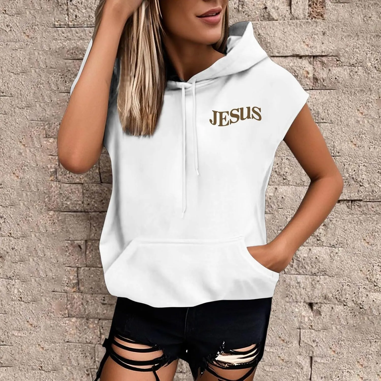 Sleeveless Hoodies for Women Jesus Loves You Workot Tank Tops Oversized Summer Lightweight Drawstring Hooded Vest with Pocket