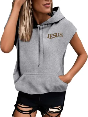 Sleeveless Hoodies for Women Jesus Loves You Workot Tank Tops Oversized Summer Lightweight Drawstring Hooded Vest with Pocket