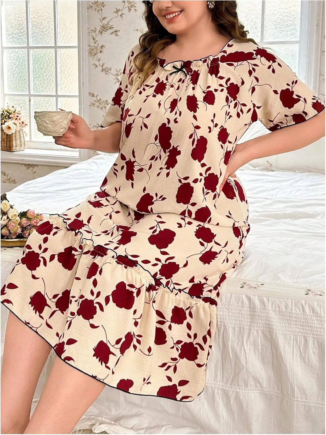 SOLY HUX Women's Plus Size Floral Short Sleeve Nightgowns Babydoll Midi Pajama Dress Sleepwear