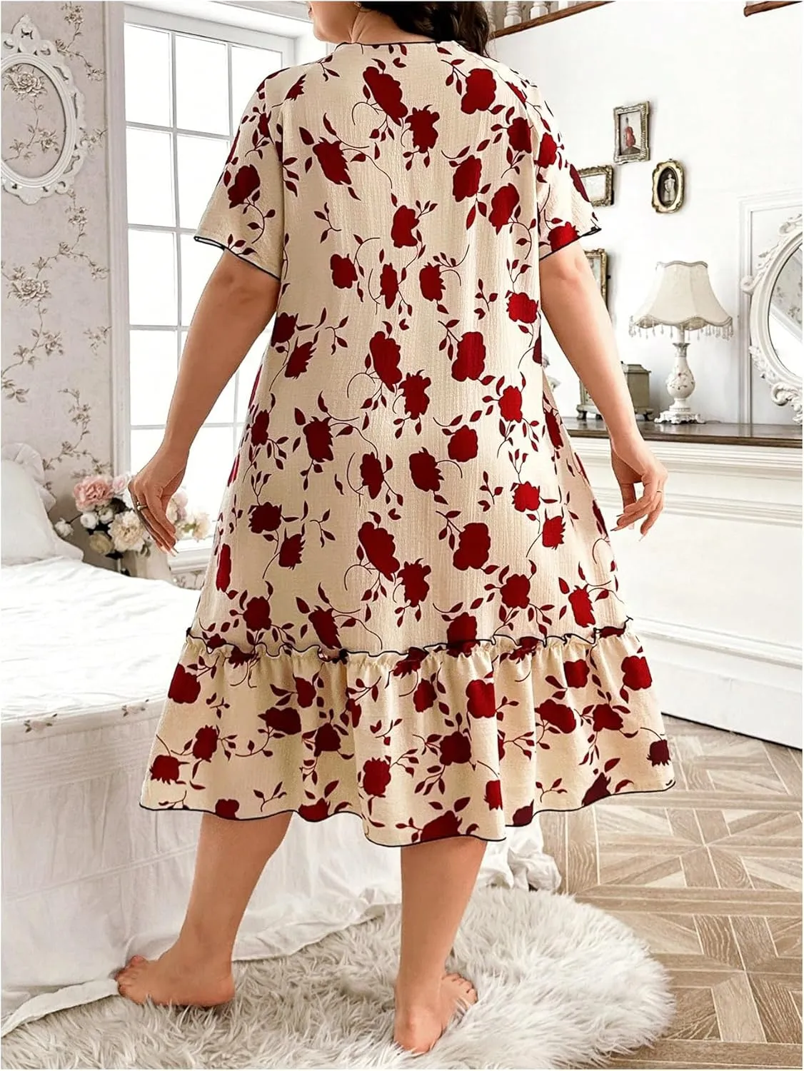 SOLY HUX Women's Plus Size Floral Short Sleeve Nightgowns Babydoll Midi Pajama Dress Sleepwear