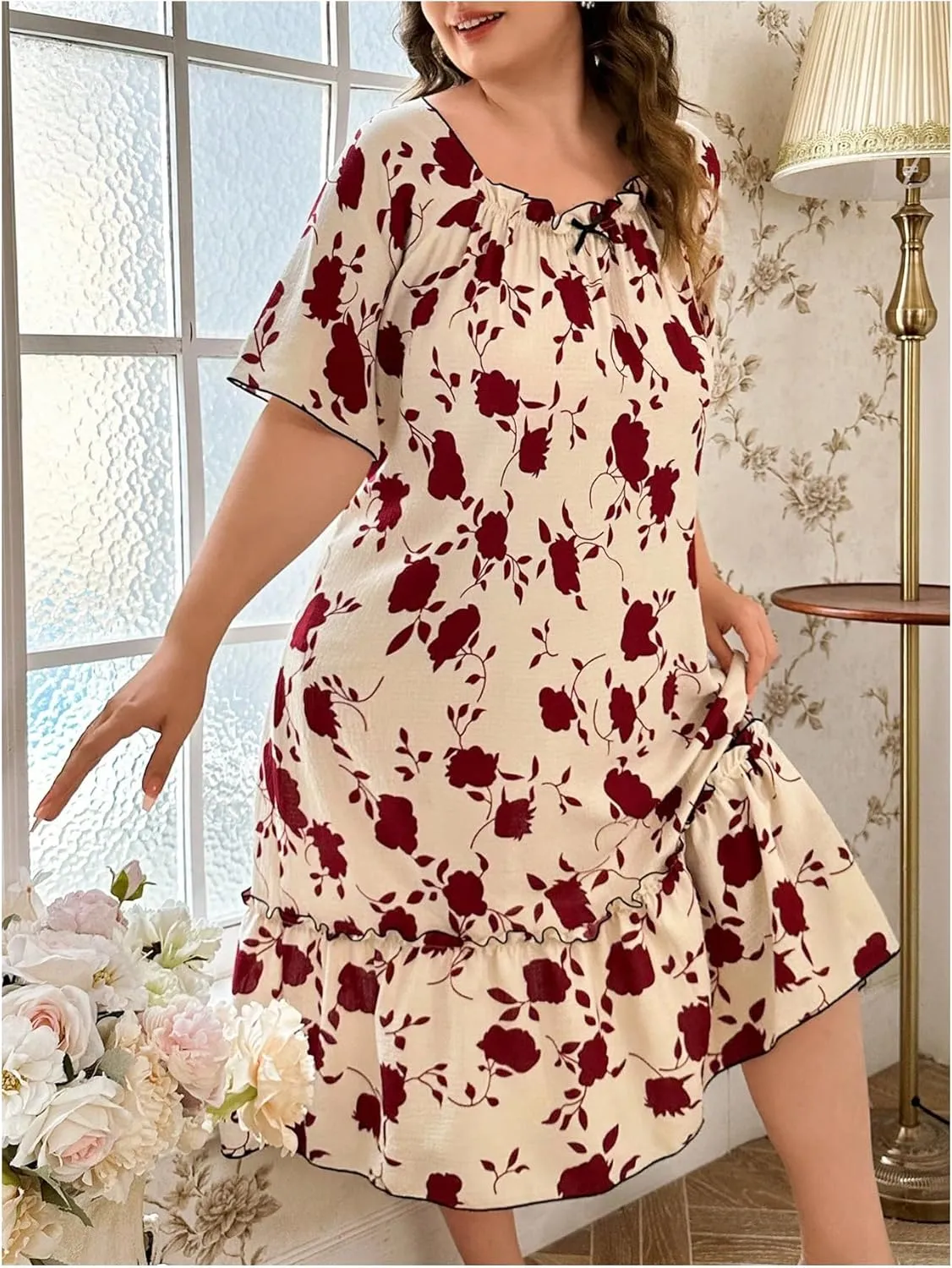 SOLY HUX Women's Plus Size Floral Short Sleeve Nightgowns Babydoll Midi Pajama Dress Sleepwear