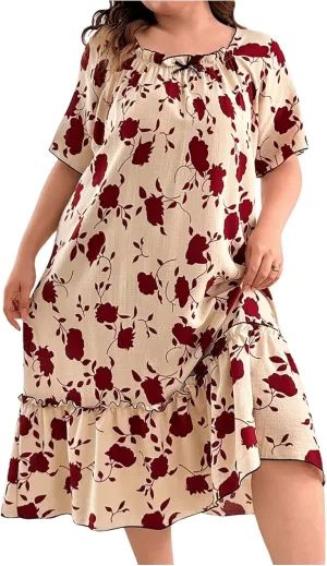 SOLY HUX Women's Plus Size Floral Short Sleeve Nightgowns Babydoll Midi Pajama Dress Sleepwear
