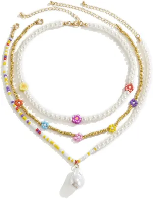 Stacked Necklaces Boho, Imitation Pearl Beaded Chain 3 Layer Dainty Layered Necklaces for Women Gold