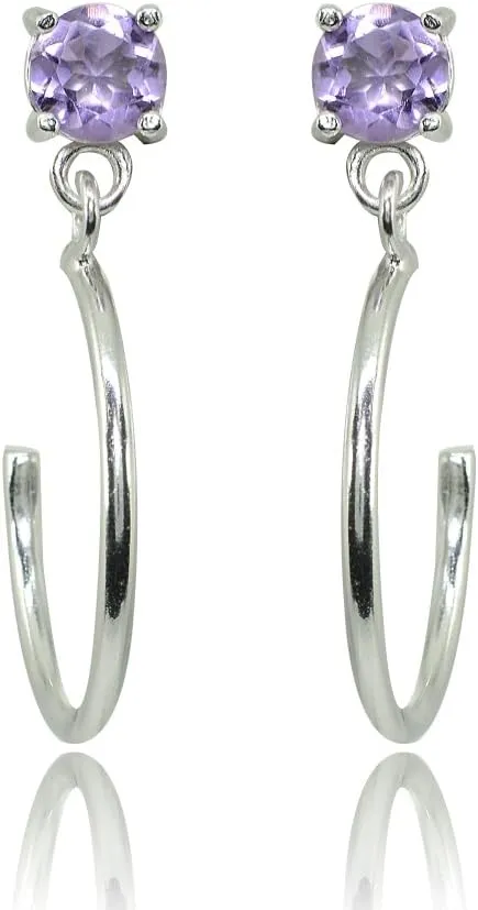 Sterling Silver 4mm Gemstone Dangling Half Hoop Stud Earrings