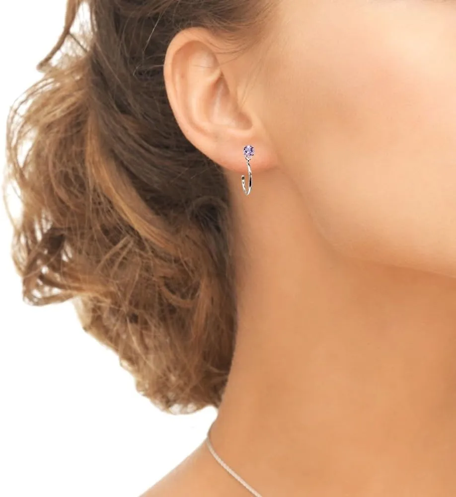 Sterling Silver 4mm Gemstone Dangling Half Hoop Stud Earrings