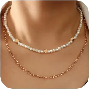 Stocking Stuffers Holiday Outfits for Women 2024 Pearl Necklaces for Women Boho Layered Choker Necklaces White Beaded Necklaces Heart Choker Jewelry Birthday Gift Valentine's Day Gifts