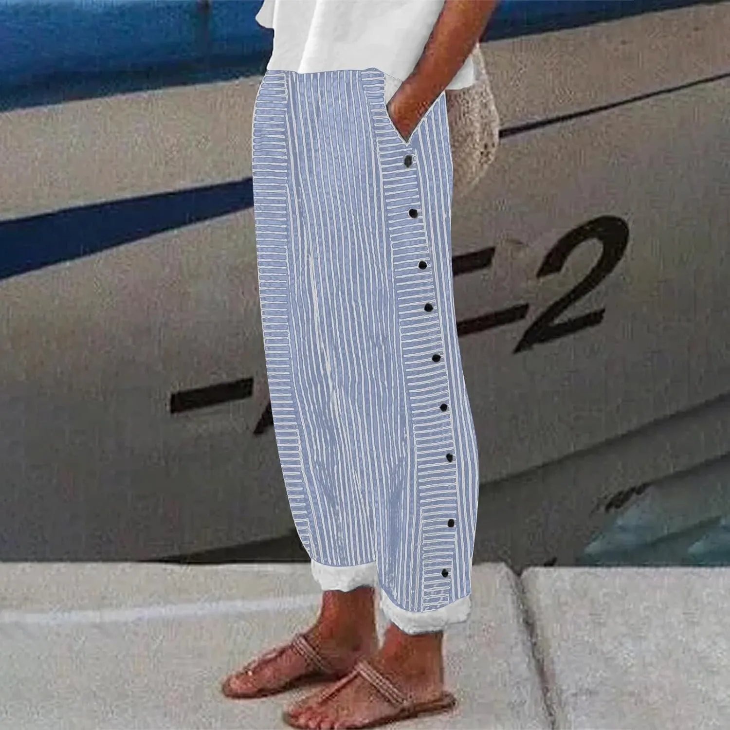 Striped Linen Pants Women Casual Elastic Waist Wide Leg Gauze Capri Lightweight Summer Cropped Trousers 2025 Outfits