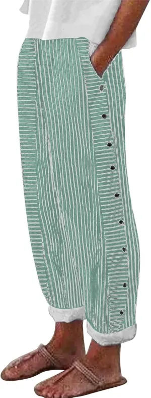 Striped Linen Pants Women Casual Elastic Waist Wide Leg Gauze Capri Lightweight Summer Cropped Trousers 2025 Outfits