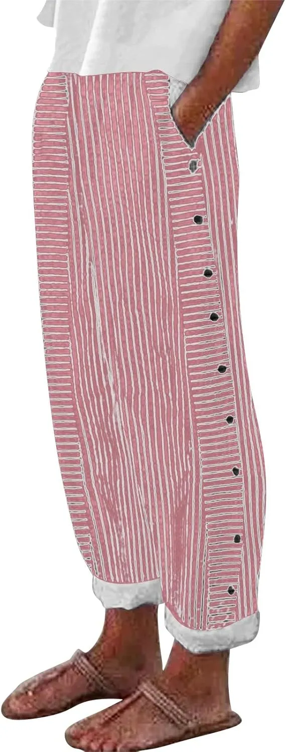 Striped Linen Pants Women Casual Elastic Waist Wide Leg Gauze Capri Lightweight Summer Cropped Trousers 2025 Outfits