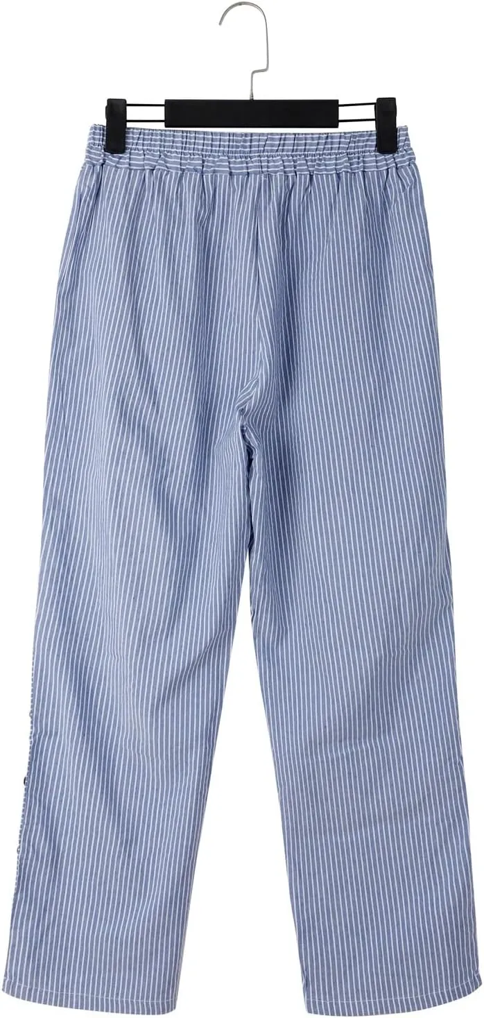 Striped Linen Pants Women Casual Elastic Waist Wide Leg Gauze Capri Lightweight Summer Cropped Trousers 2025 Outfits