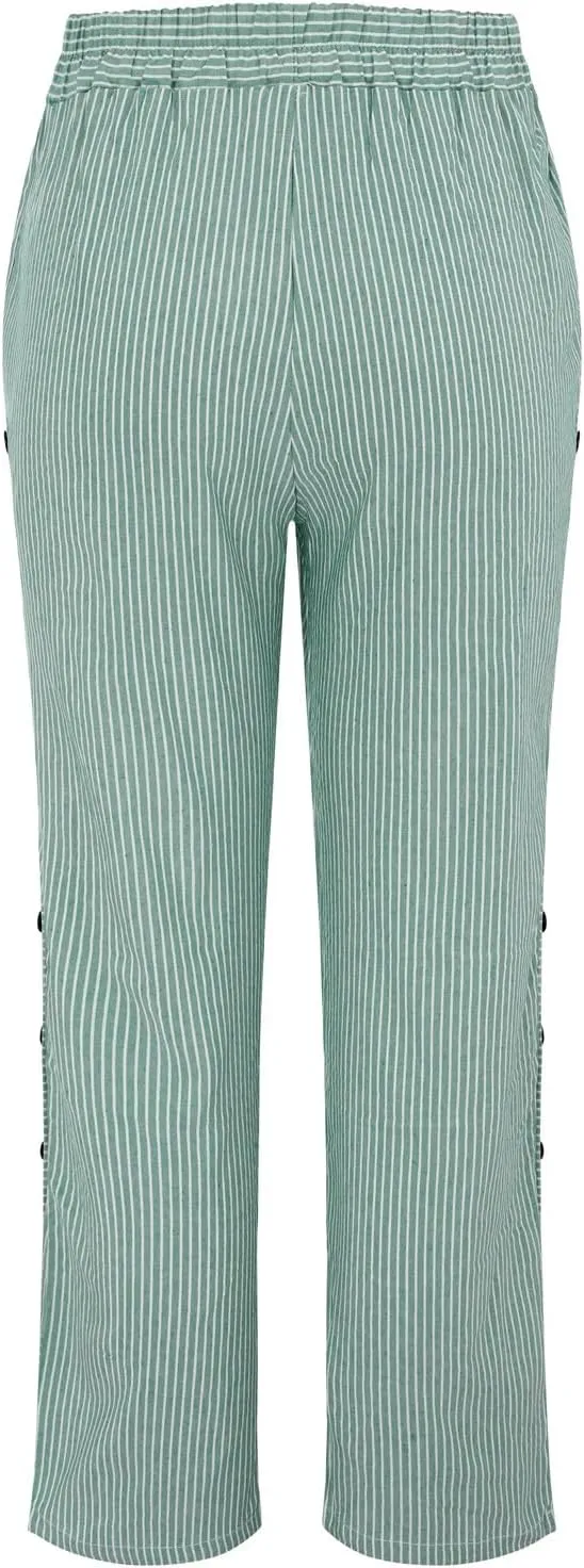 Striped Linen Pants Women Casual Elastic Waist Wide Leg Gauze Capri Lightweight Summer Cropped Trousers 2025 Outfits