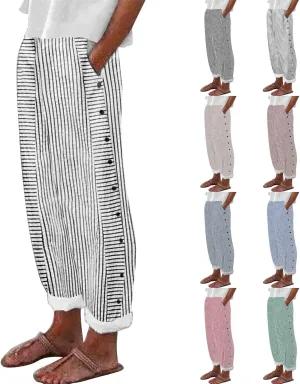 Striped Linen Pants Women Casual Elastic Waist Wide Leg Gauze Capri Lightweight Summer Cropped Trousers 2025 Outfits