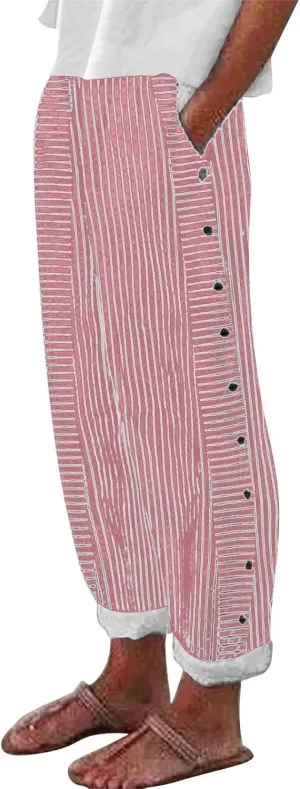 Striped Linen Pants Women Casual Elastic Waist Wide Leg Gauze Capri Lightweight Summer Cropped Trousers 2025 Outfits