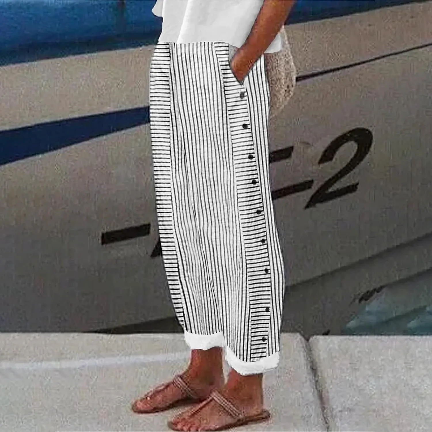 Striped Linen Pants Women Casual Elastic Waist Wide Leg Gauze Capri Lightweight Summer Cropped Trousers 2025 Outfits
