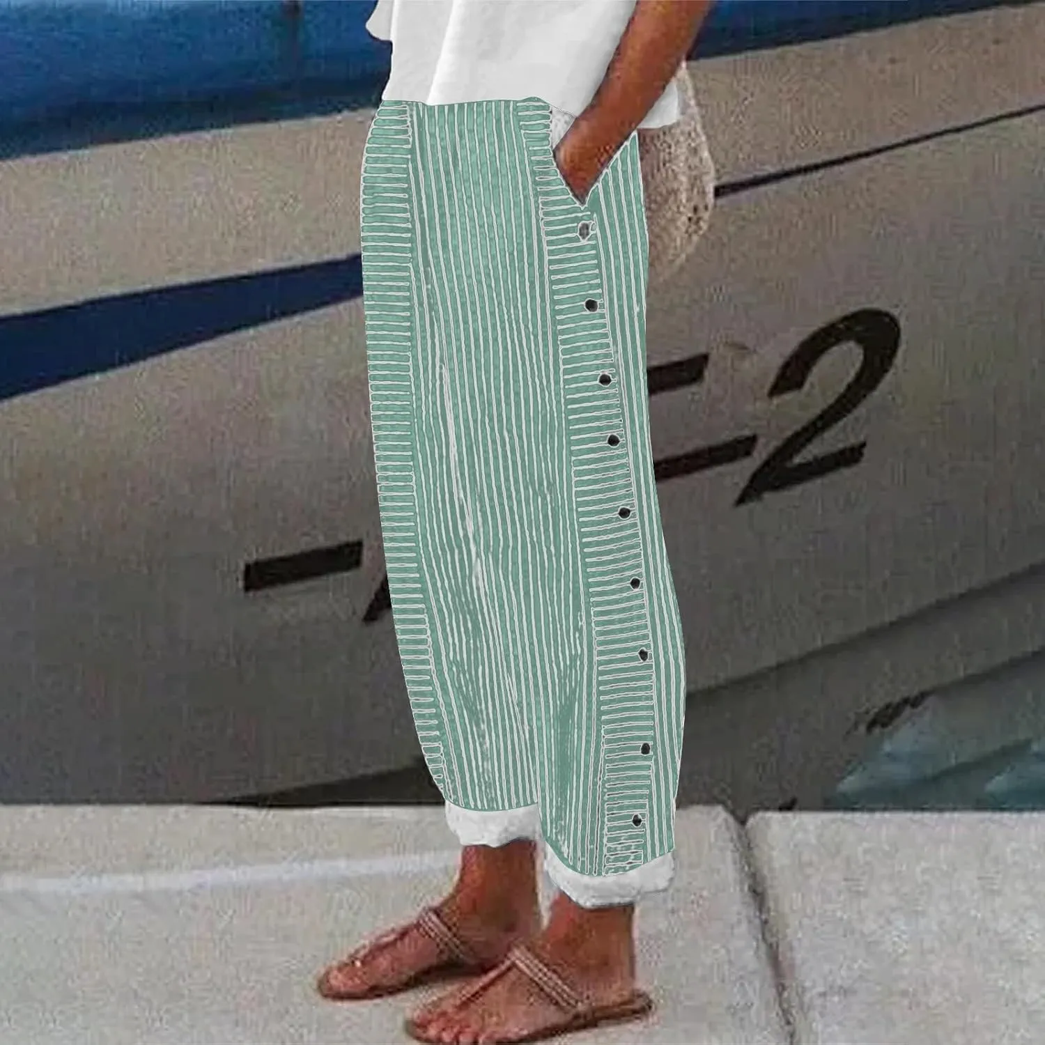 Striped Linen Pants Women Casual Elastic Waist Wide Leg Gauze Capri Lightweight Summer Cropped Trousers 2025 Outfits