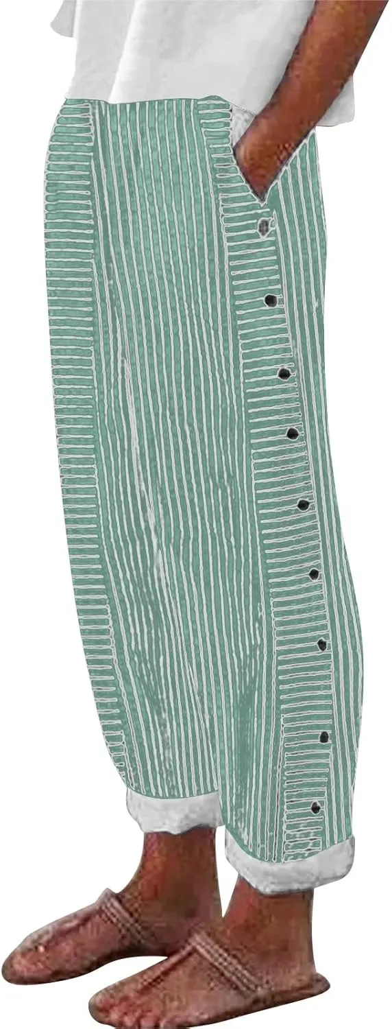 Striped Linen Pants Women Casual Elastic Waist Wide Leg Gauze Capri Lightweight Summer Cropped Trousers 2025 Outfits
