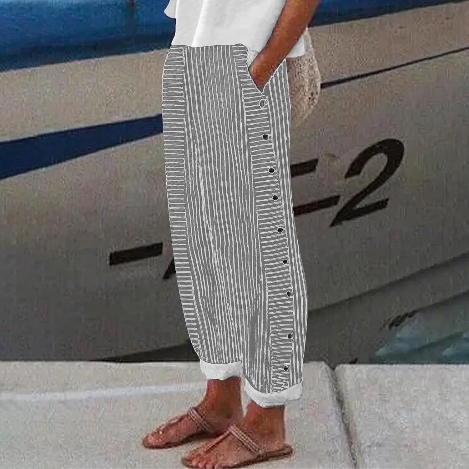 Striped Linen Pants Women Casual Elastic Waist Wide Leg Gauze Capri Lightweight Summer Cropped Trousers 2025 Outfits