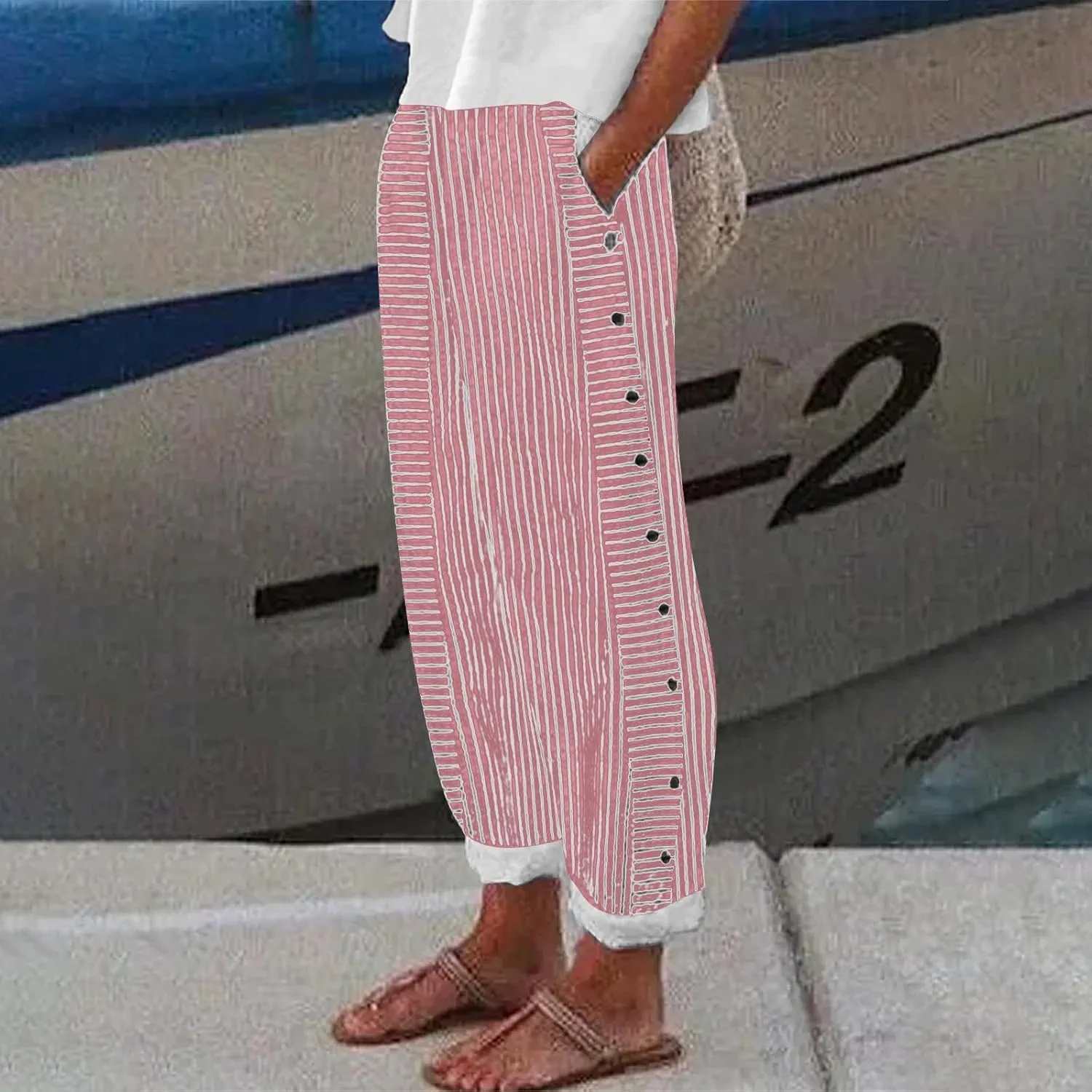 Striped Linen Pants Women Casual Elastic Waist Wide Leg Gauze Capri Lightweight Summer Cropped Trousers 2025 Outfits