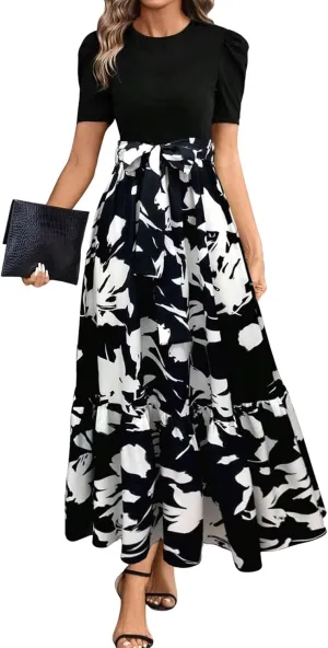 Summer Dresses for Women Short Sleeve Round Neck Vintage Floral Elegant Trendy Flowy High Waist Belted Maxi Sundress