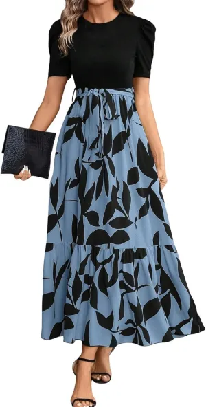 Summer Dresses for Women Short Sleeve Round Neck Vintage Floral Elegant Trendy Flowy High Waist Belted Maxi Sundress