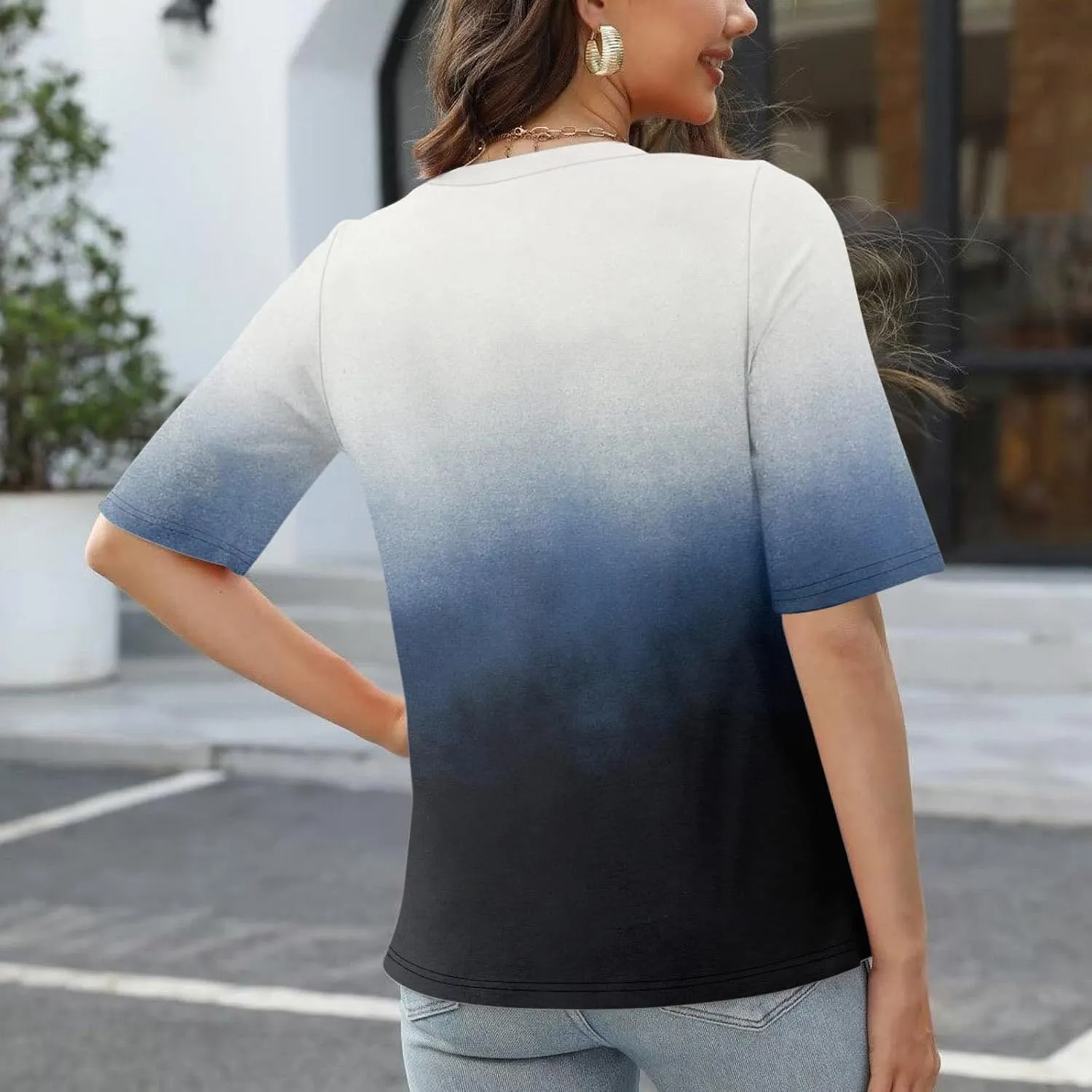 Summer Tops for Women 2024 Half Sleeve top Printed V Neck Shirts Gradient Loose Fit Elbow Length Sleeve Blouse