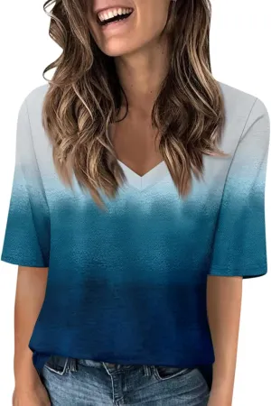 Summer Tops for Women 2024 Half Sleeve top Printed V Neck Shirts Gradient Loose Fit Elbow Length Sleeve Blouse