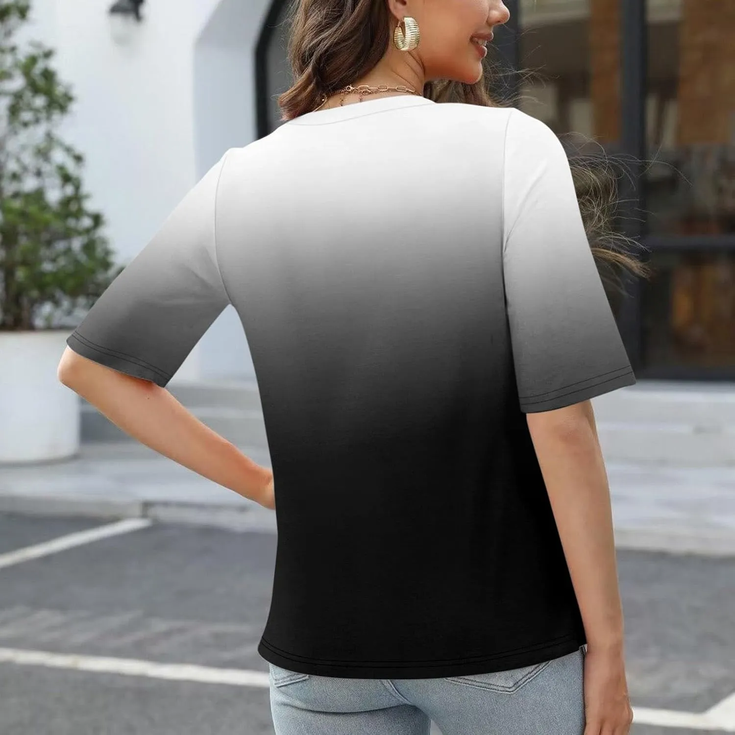 Summer Tops for Women 2024 Half Sleeve top Printed V Neck Shirts Gradient Loose Fit Elbow Length Sleeve Blouse