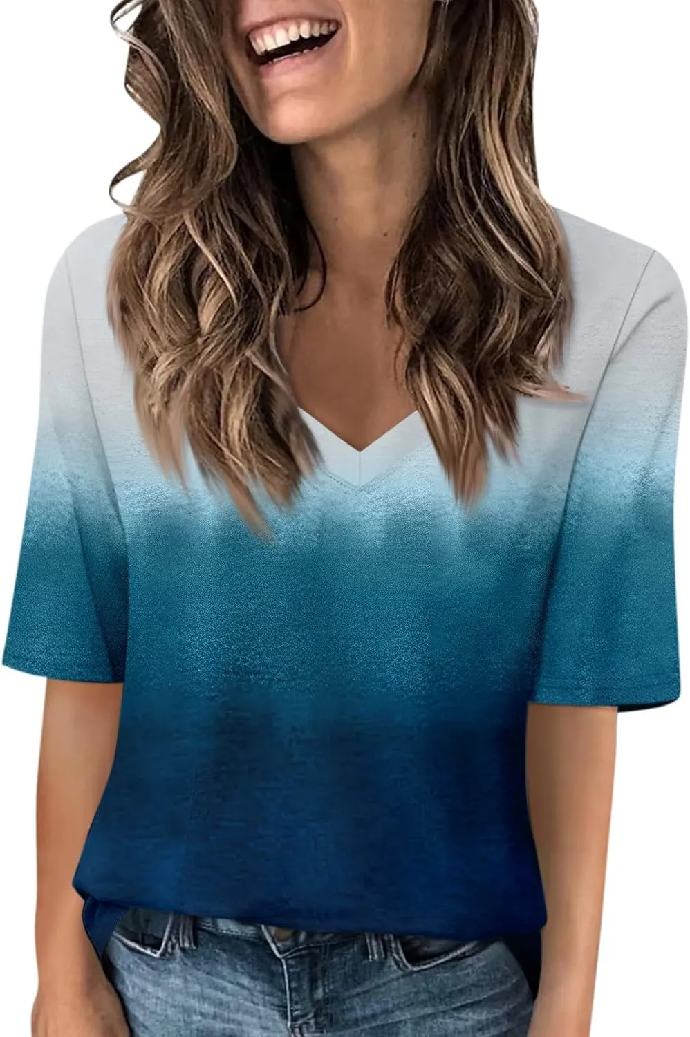 Summer Tops for Women 2024 Half Sleeve top Printed V Neck Shirts Gradient Loose Fit Elbow Length Sleeve Blouse