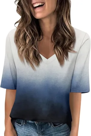 Summer Tops for Women 2024 Half Sleeve top Printed V Neck Shirts Gradient Loose Fit Elbow Length Sleeve Blouse