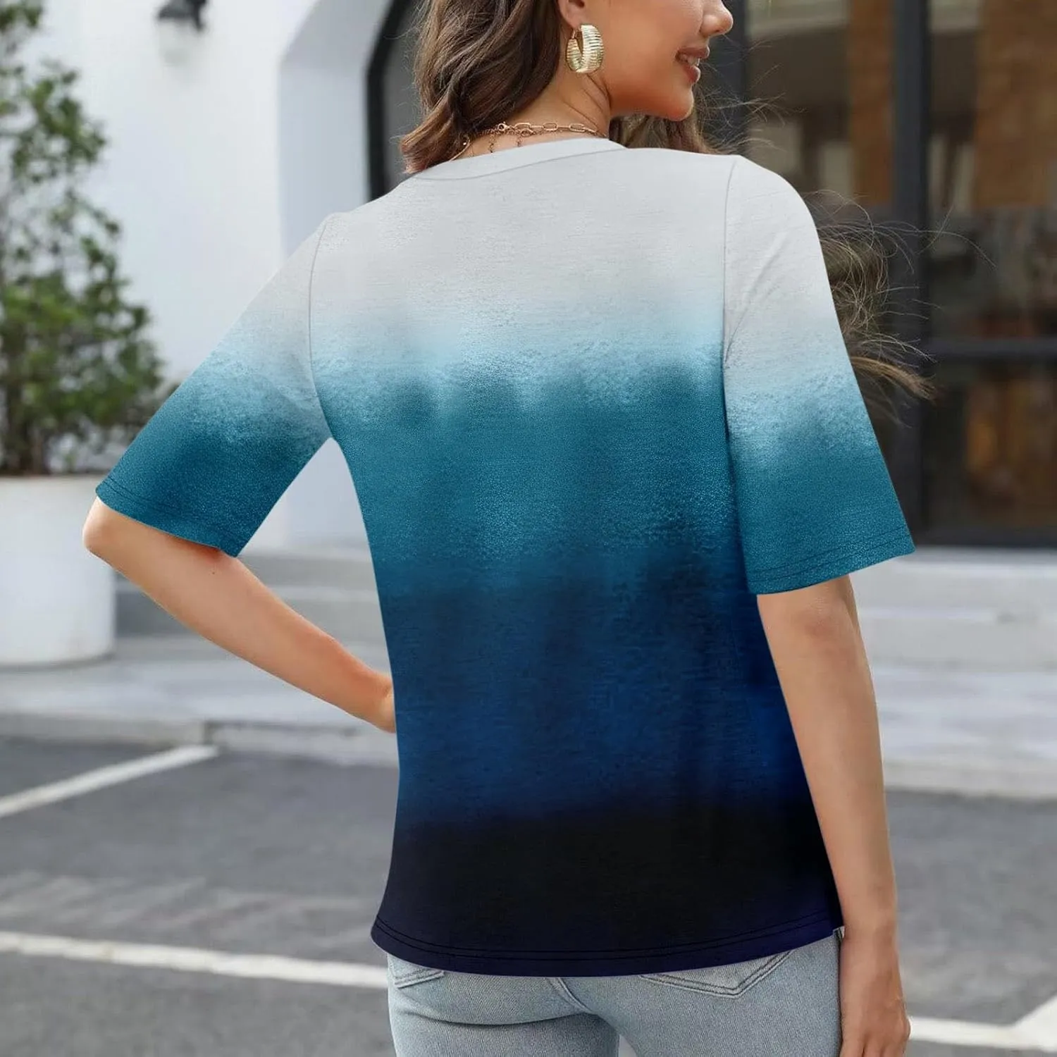 Summer Tops for Women 2024 Half Sleeve top Printed V Neck Shirts Gradient Loose Fit Elbow Length Sleeve Blouse
