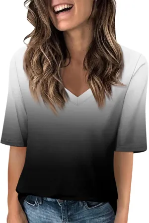 Summer Tops for Women 2024 Half Sleeve top Printed V Neck Shirts Gradient Loose Fit Elbow Length Sleeve Blouse