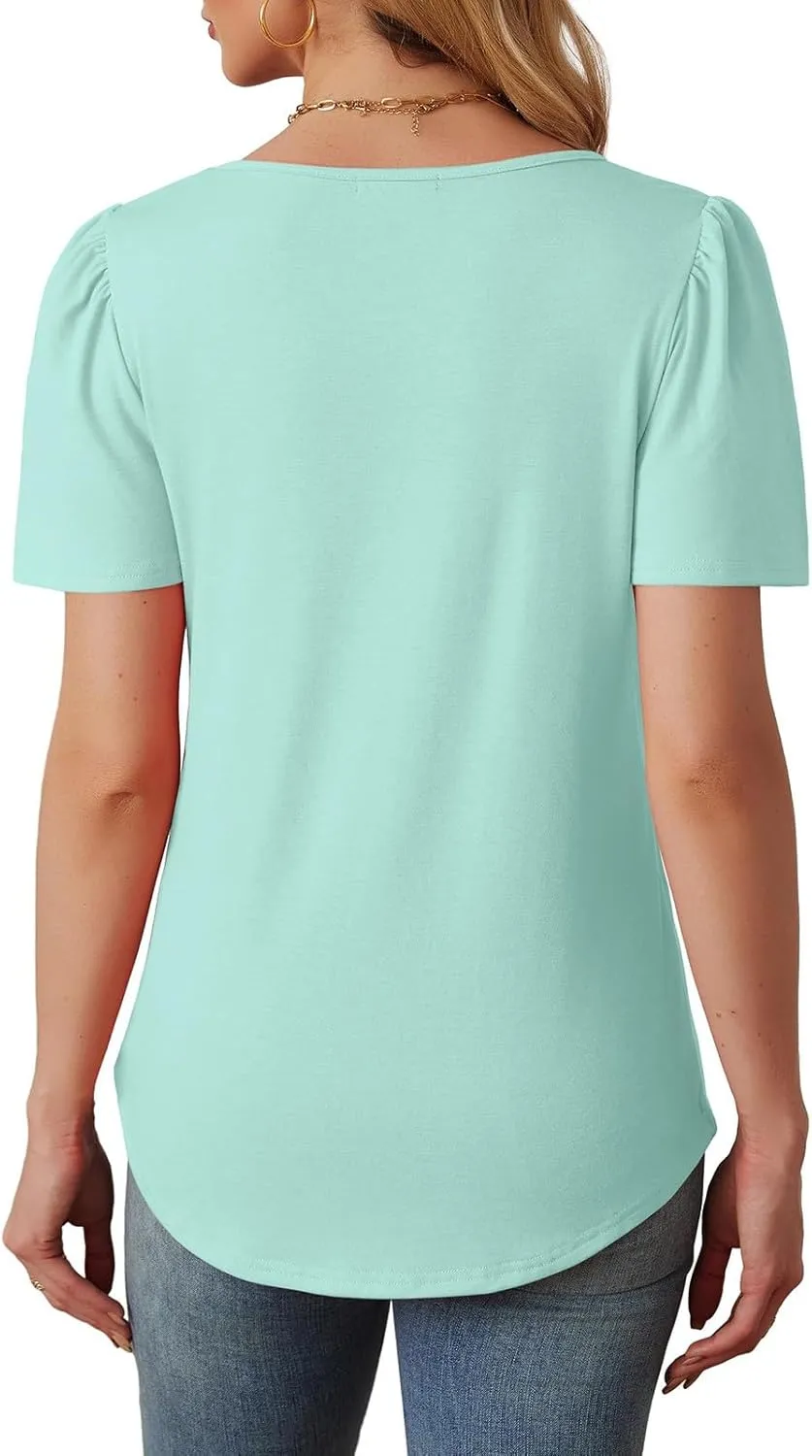 Summer Tops for Women 2025 Trendy Dressy Casual Elegant Front Pleated T Shirts Short Sleeve O Neck Office Blouses