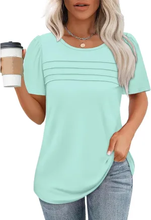 Summer Tops for Women 2025 Trendy Dressy Casual Elegant Front Pleated T Shirts Short Sleeve O Neck Office Blouses