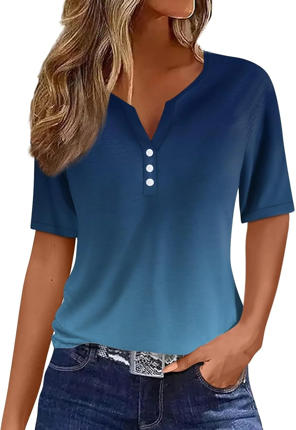 Summer Tops for Women 2025 Trendy Vacation Short Sleeve Button Vneck T Shirt Loose Fitted Boho Graphic Tees Fashion