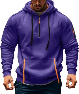 Sweatshirt Mens 1/4 Zip Vintage Basic Military Drawstring Mens Sweatshirt Lightweight Comfort Hoodie with Pockets