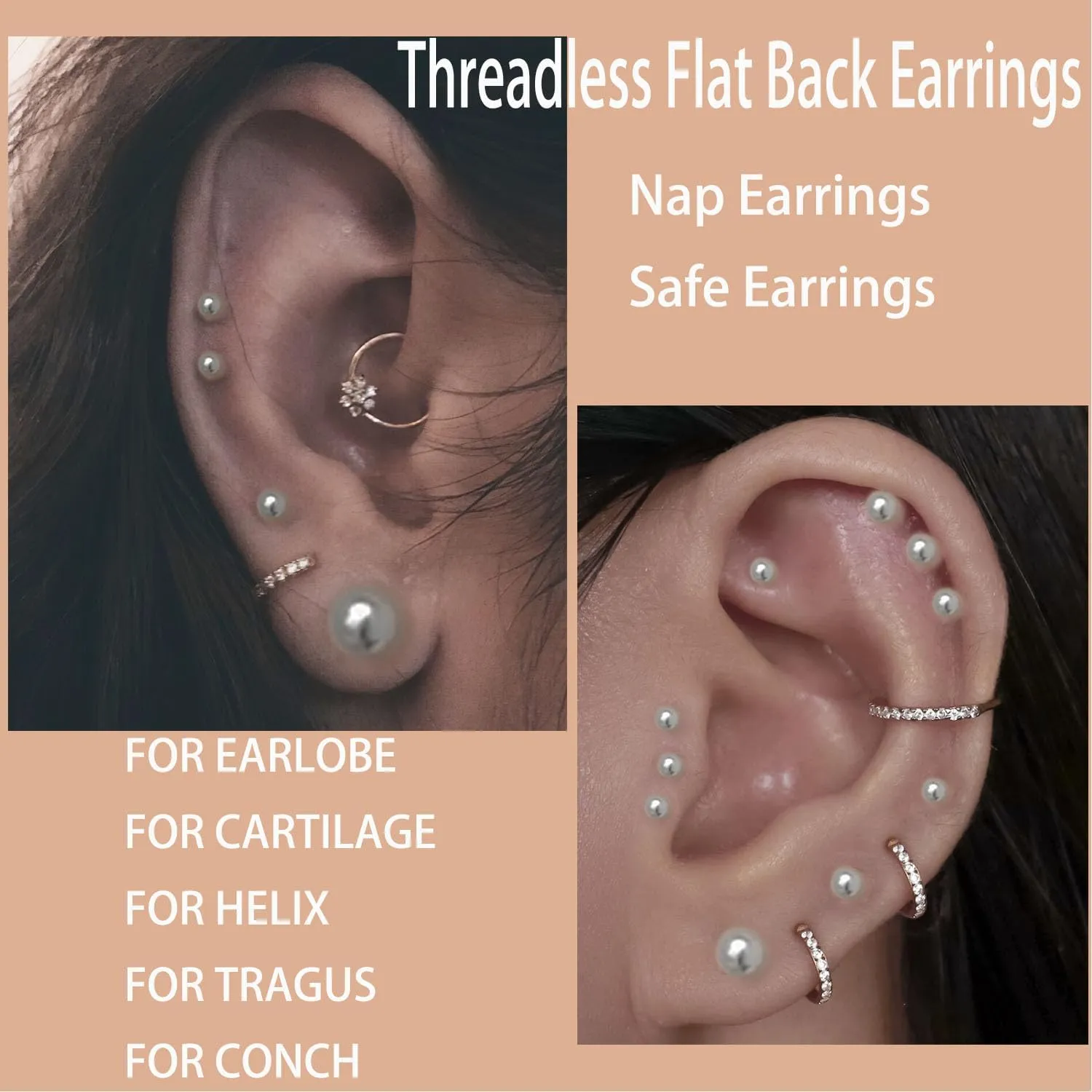 Sweetkiki Threadless Flat Back Earrings, 14K Gold Plated Ball Stud Earrings Hypoallergenic | Cartilage Earring | Helix Piercing Jewelry | Tragus Piercing Jewelry | Push in Flatback Earrings for Women Men