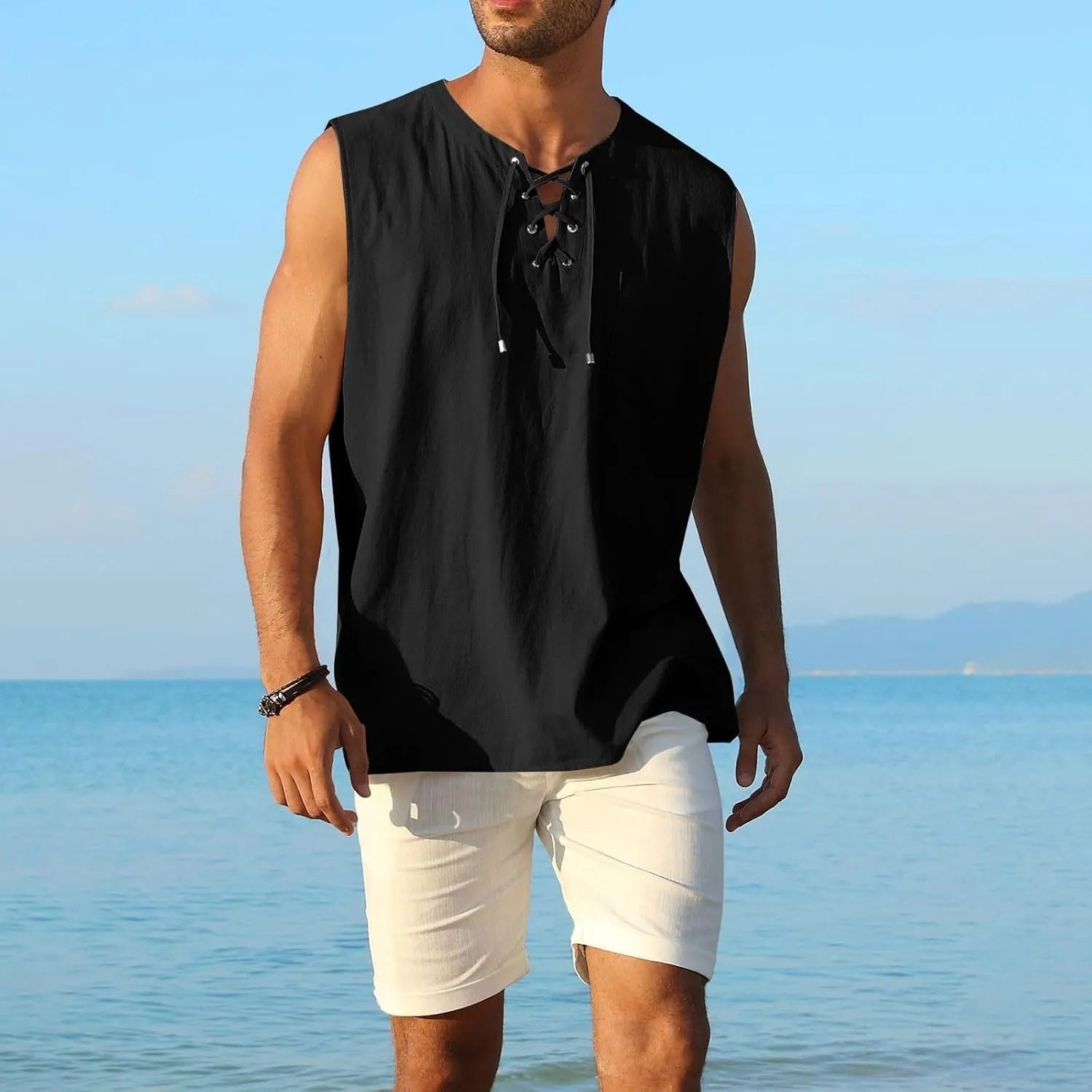 Tank Tops Men Cotton and Linen 2 Pc Sleeveless Beach Summer Casual Muscle Gym Workout Big and Tall Vest Fashion Shirts
