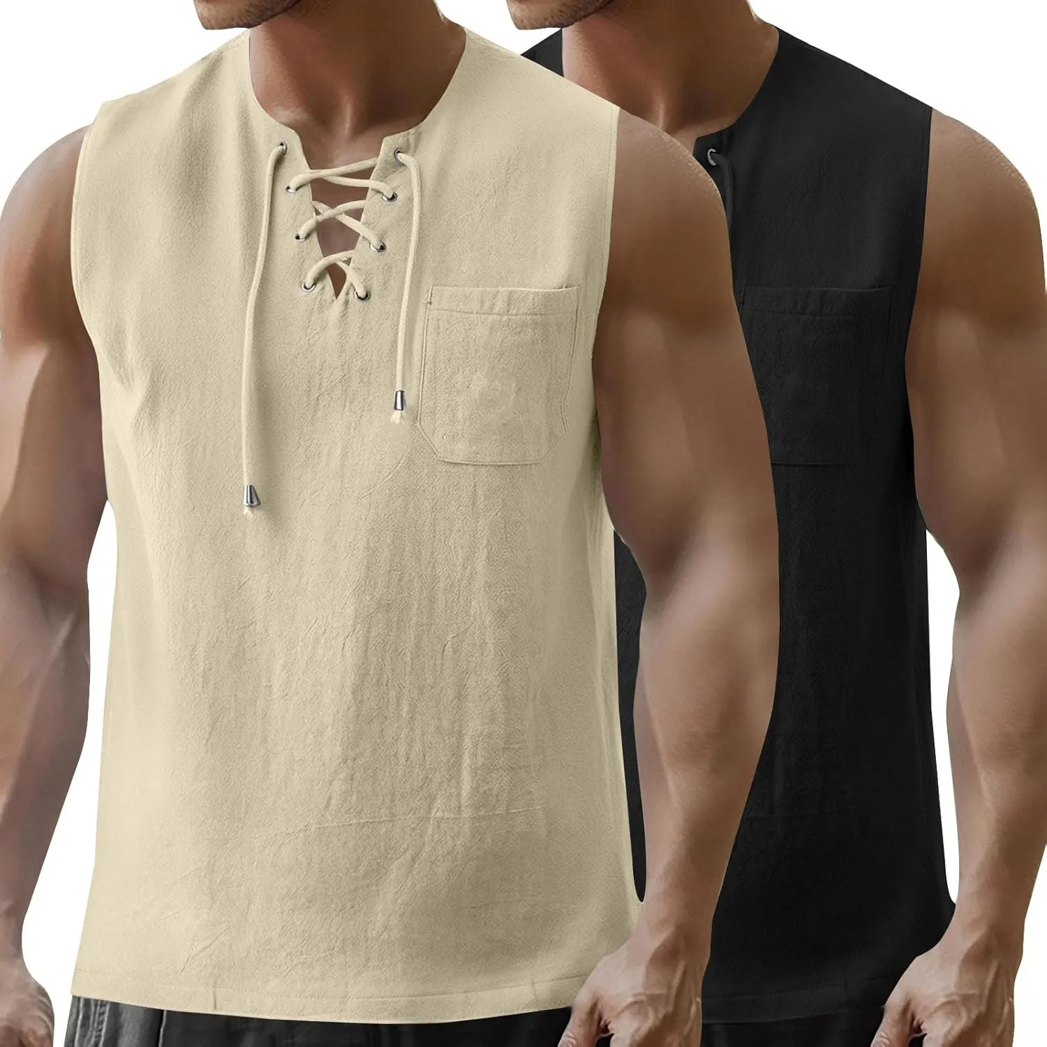 Tank Tops Men Cotton and Linen 2 Pc Sleeveless Beach Summer Casual Muscle Gym Workout Big and Tall Vest Fashion Shirts
